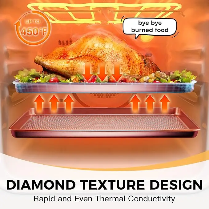 Non-Stick Baking Pan Set of 3, Teflon-Free Heavy Duty Bakeware with Diamond Texture Surface